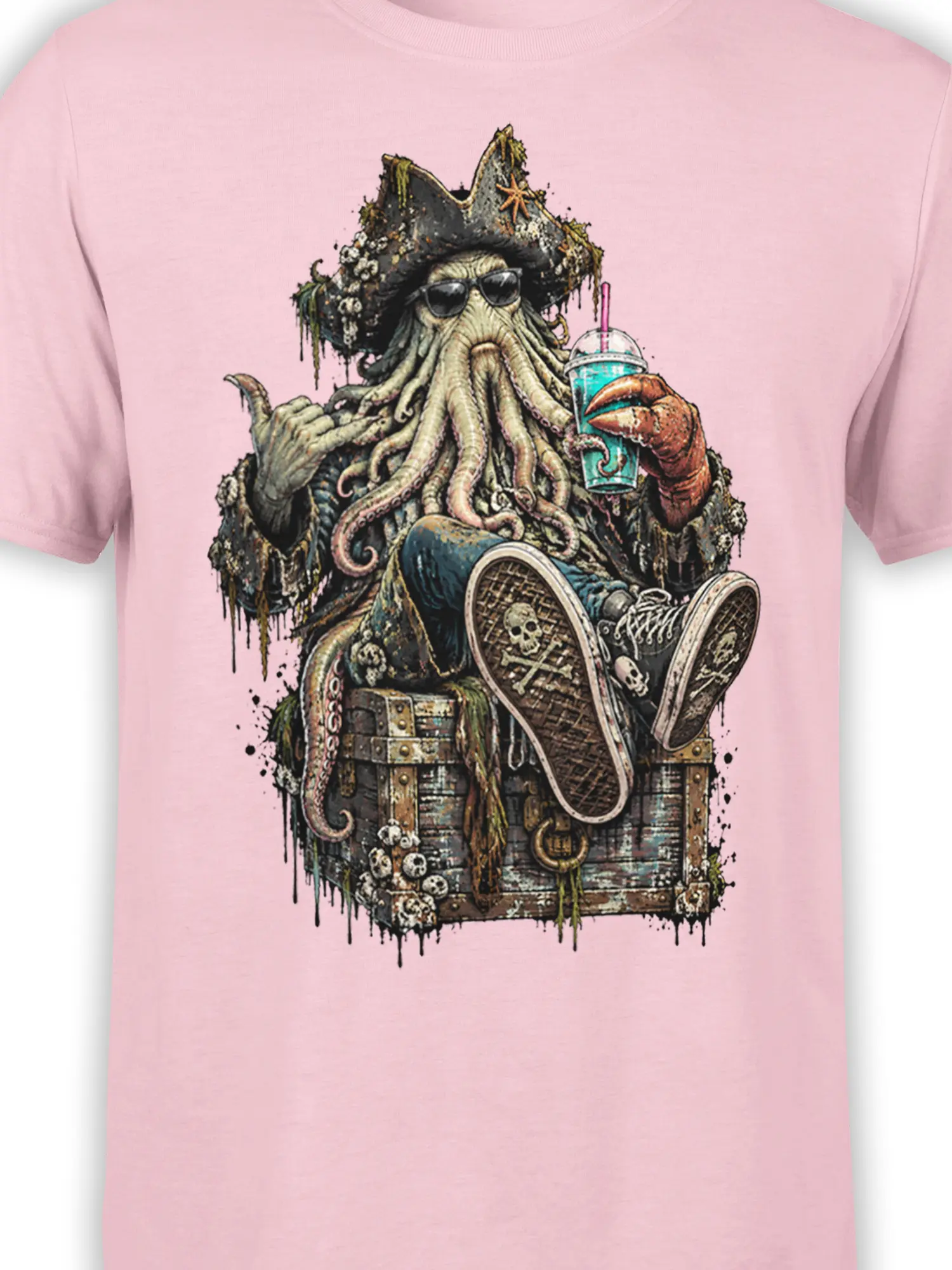 Close-up of pirate octopus artwork on a pink T-shirt with tentacles, sunglasses, drink, and skull motifs