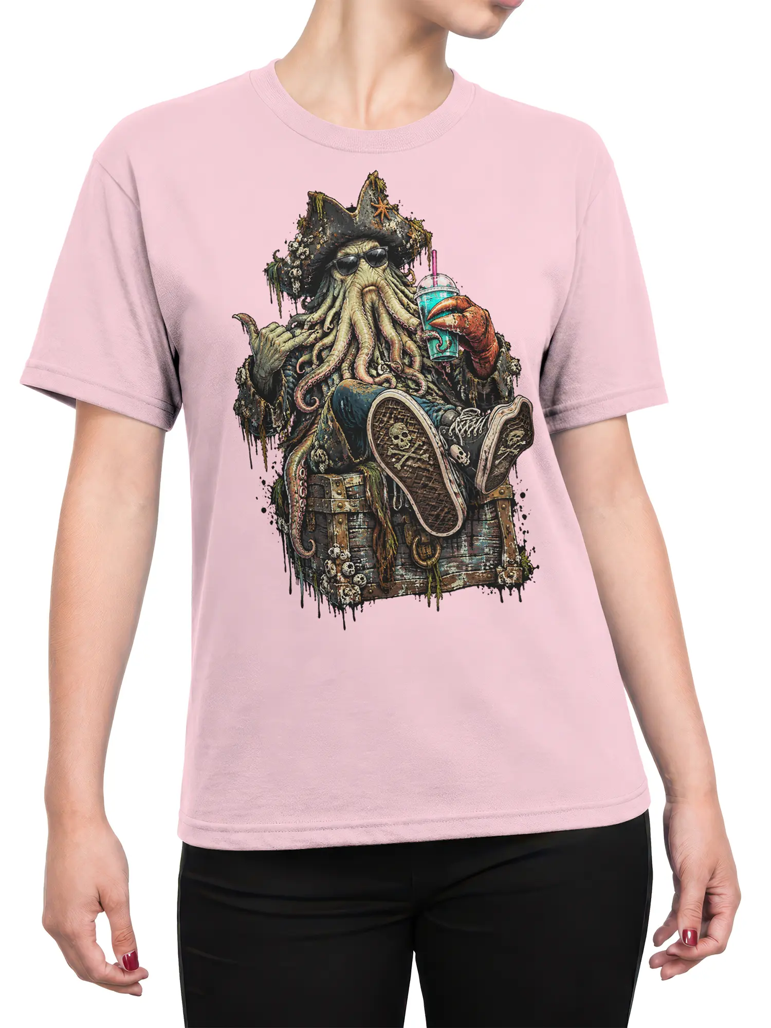 Female torso wearing a pink T-shirt with a pirate octopus, sunglasses, tropical drink, and treasure chest artwork