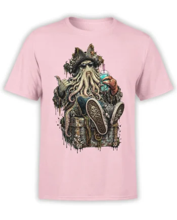 Pink T-shirt featuring a pirate octopus in sunglasses with a tropical drink and skull details