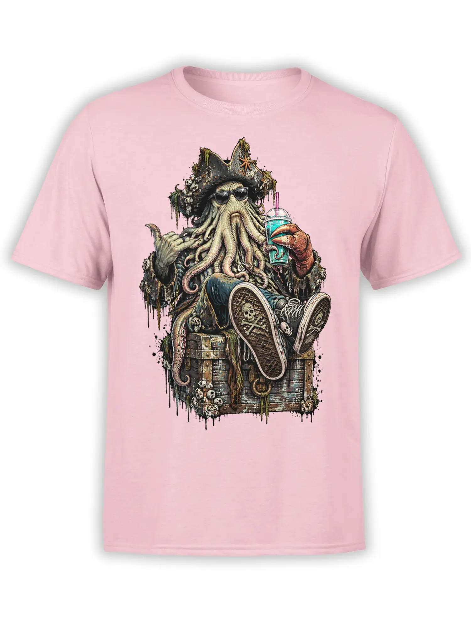 Pink T-shirt featuring a pirate octopus in sunglasses with a tropical drink and skull details