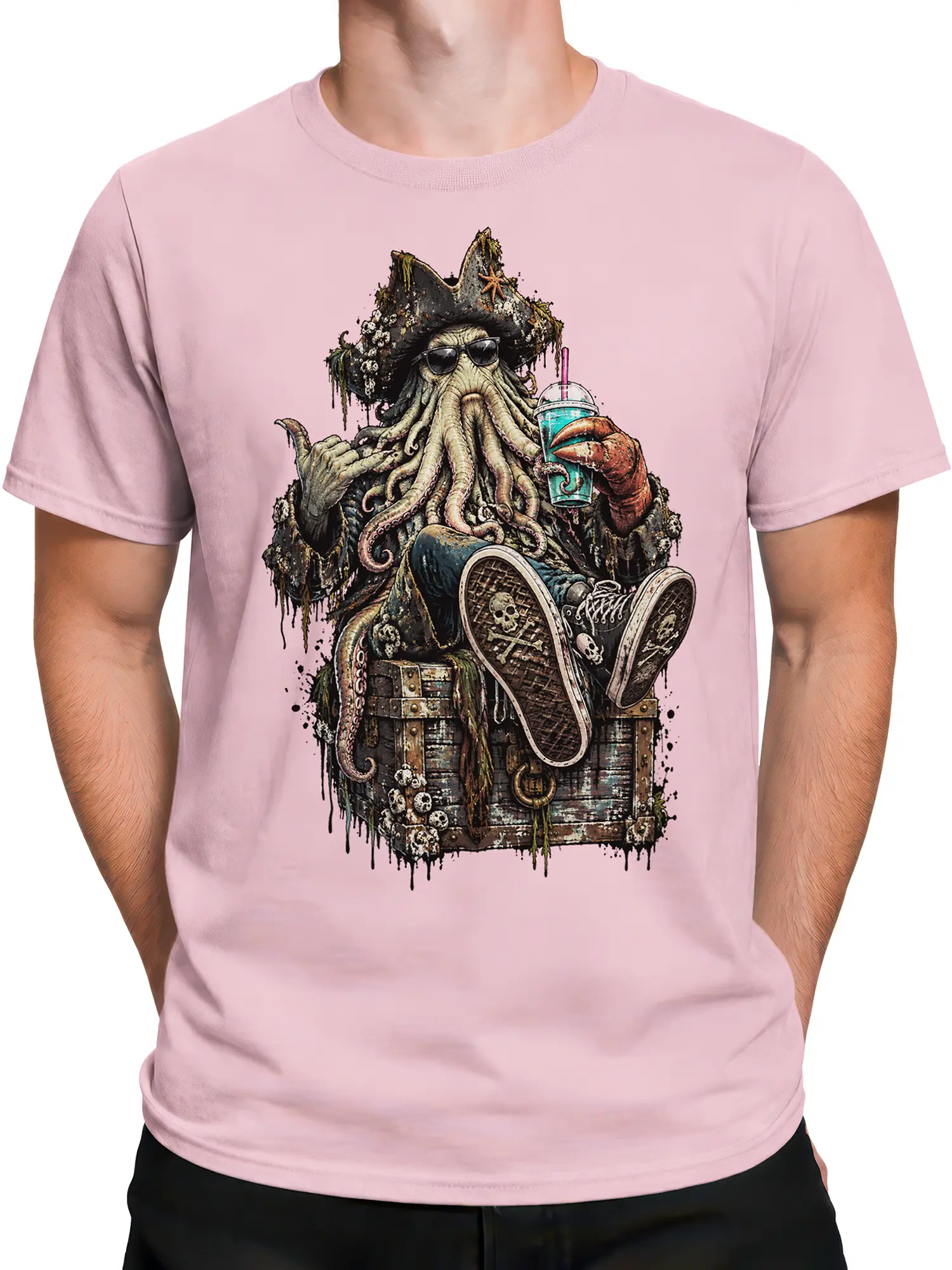 Male torso wearing a pink T-shirt with pirate octopus artwork, sunglasses, tentacles, and skull details