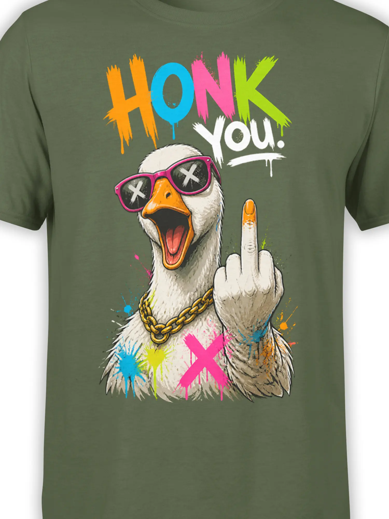 Close-up of a white goose with pink sunglasses, gold chain, raised middle finger, paint splatters, and HONK YOU! text.