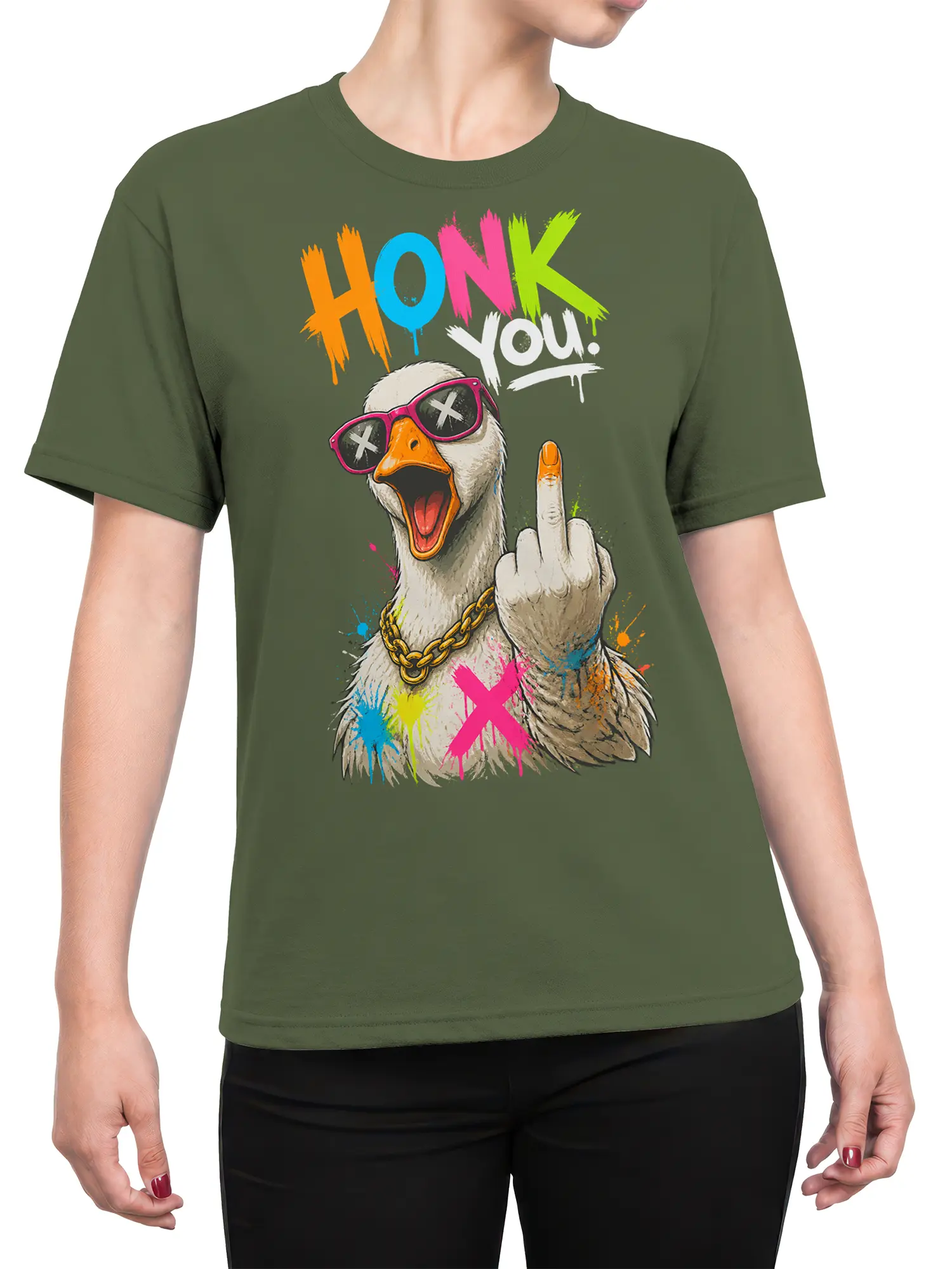Female torso wearing a green goose T-shirt with pink sunglasses, gold chain, raised finger, and colorful HONK YOU! lettering.