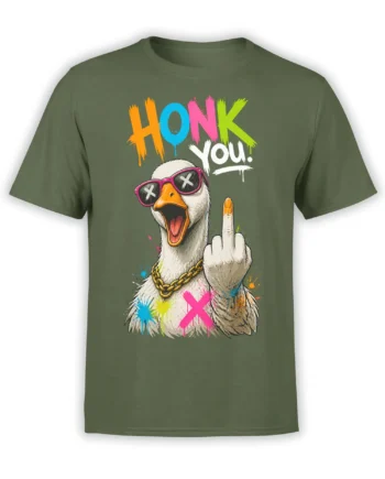 Green T-shirt with a white goose in pink sunglasses, gold chain, raised middle finger, and HONK YOU! lettering.