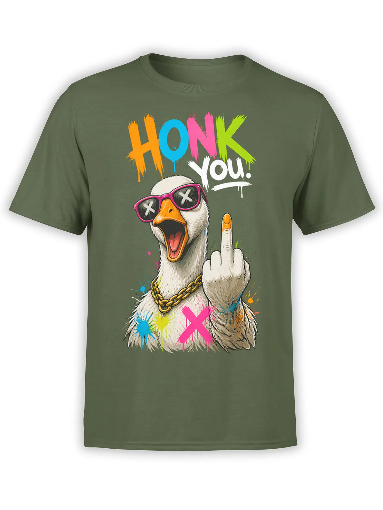 Green T-shirt with a white goose in pink sunglasses, gold chain, raised middle finger, and HONK YOU! lettering.