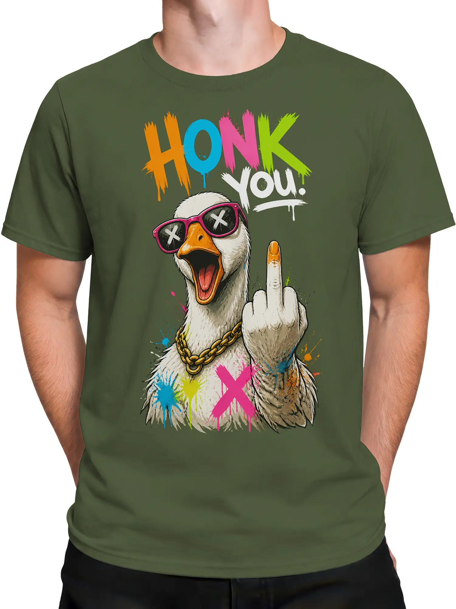 Male torso wearing a FANTUCCI graphic T-shirt in Green with White goose in pink sunglasses, a gold chain, raised middle finger, colorful paint splatters, and HONK YOU! lettering on a green T-shirt.