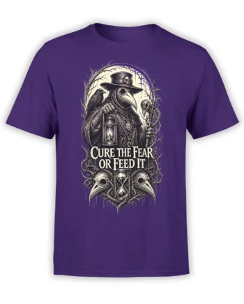 Purple T-shirt featuring a plague doctor with a raven, lantern, skulls, hourglass, and the quote "Cure the Fear or Feed It