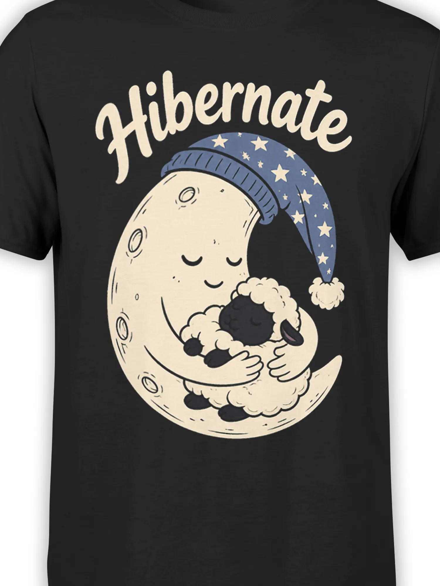 Close-up of the black T-shirt graphic showing a sleepy moon, resting sheep, starry cap, and Hibernate text