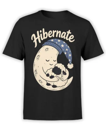 Black T-shirt with a sleepy crescent moon hugging a sheep beneath the word Hibernate
