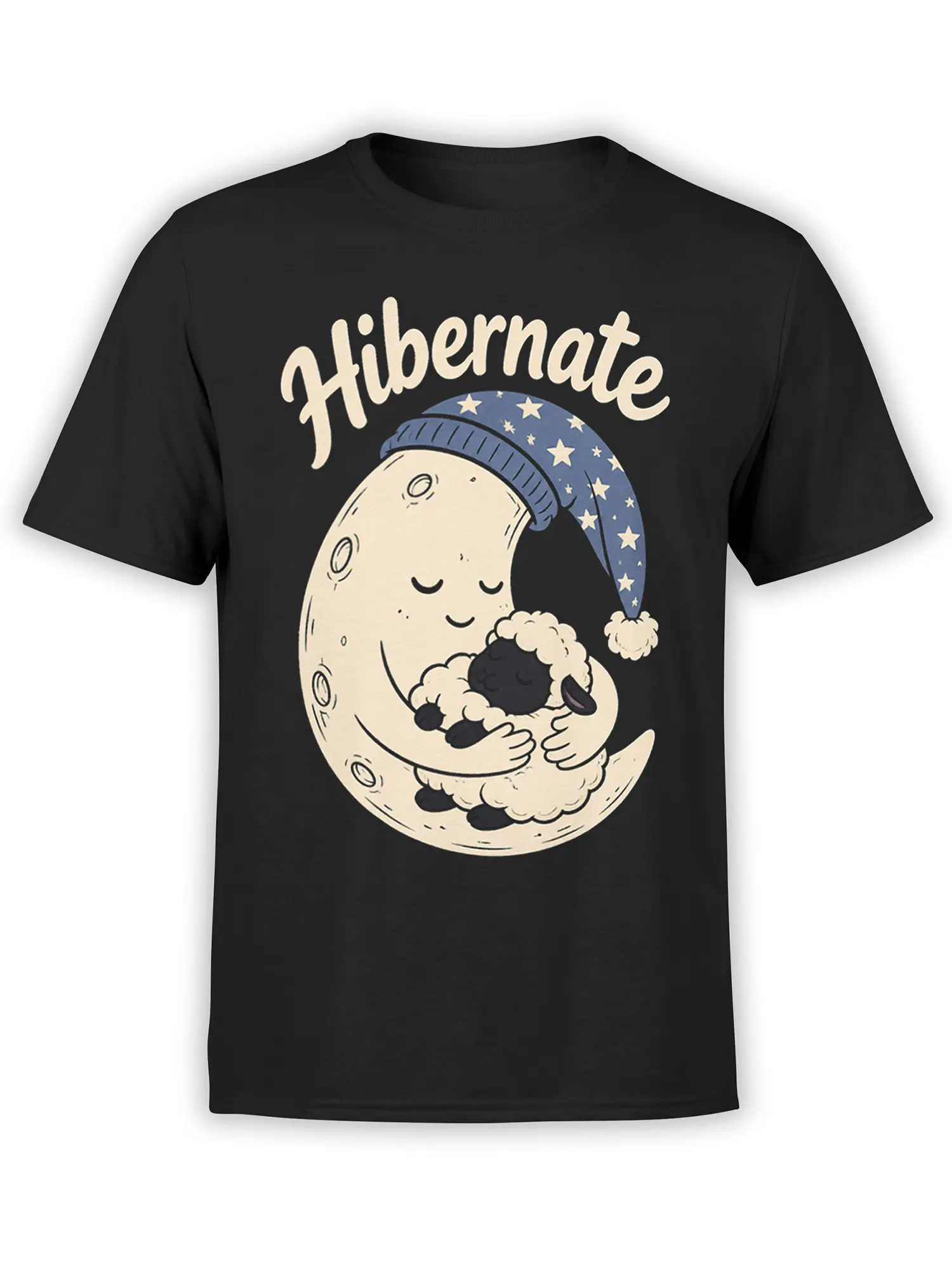 Black T-shirt with a sleepy crescent moon hugging a sheep beneath the word Hibernate