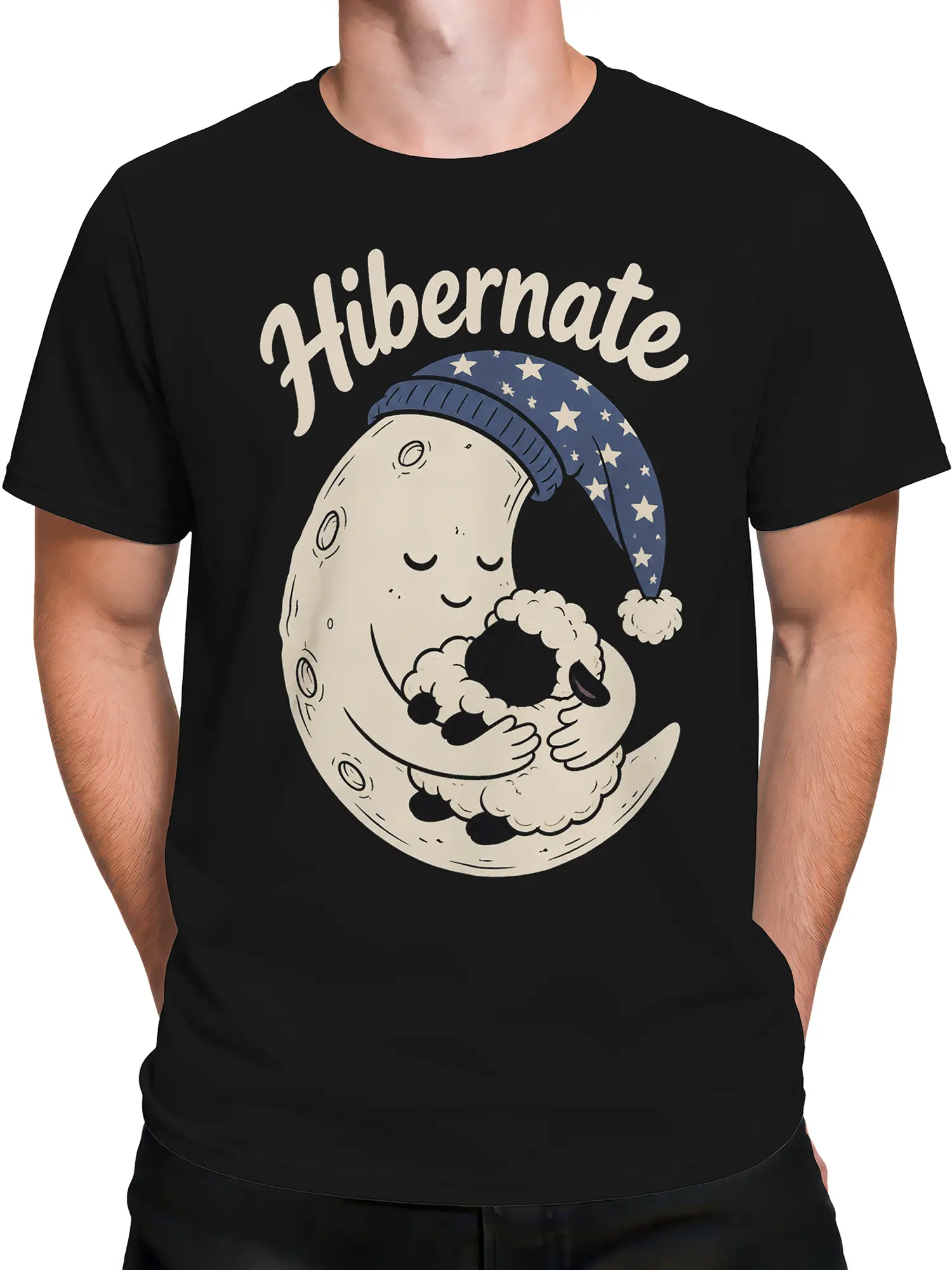Male torso wearing a black T-shirt with a sleepy crescent moon hugging a resting sheep