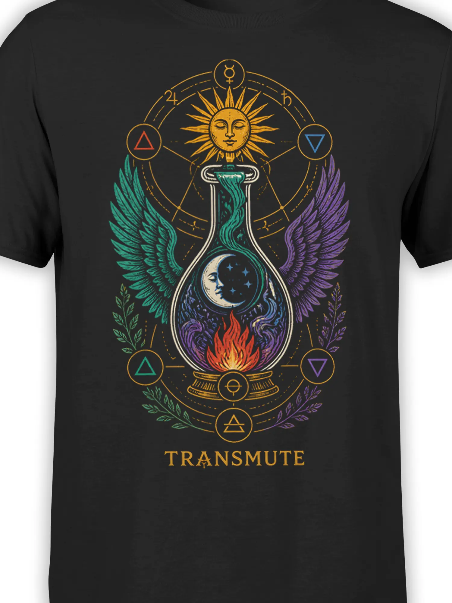 Close-up of the black T-shirt design showing a winged vessel, sun, moon, flames, and alchemical symbols
