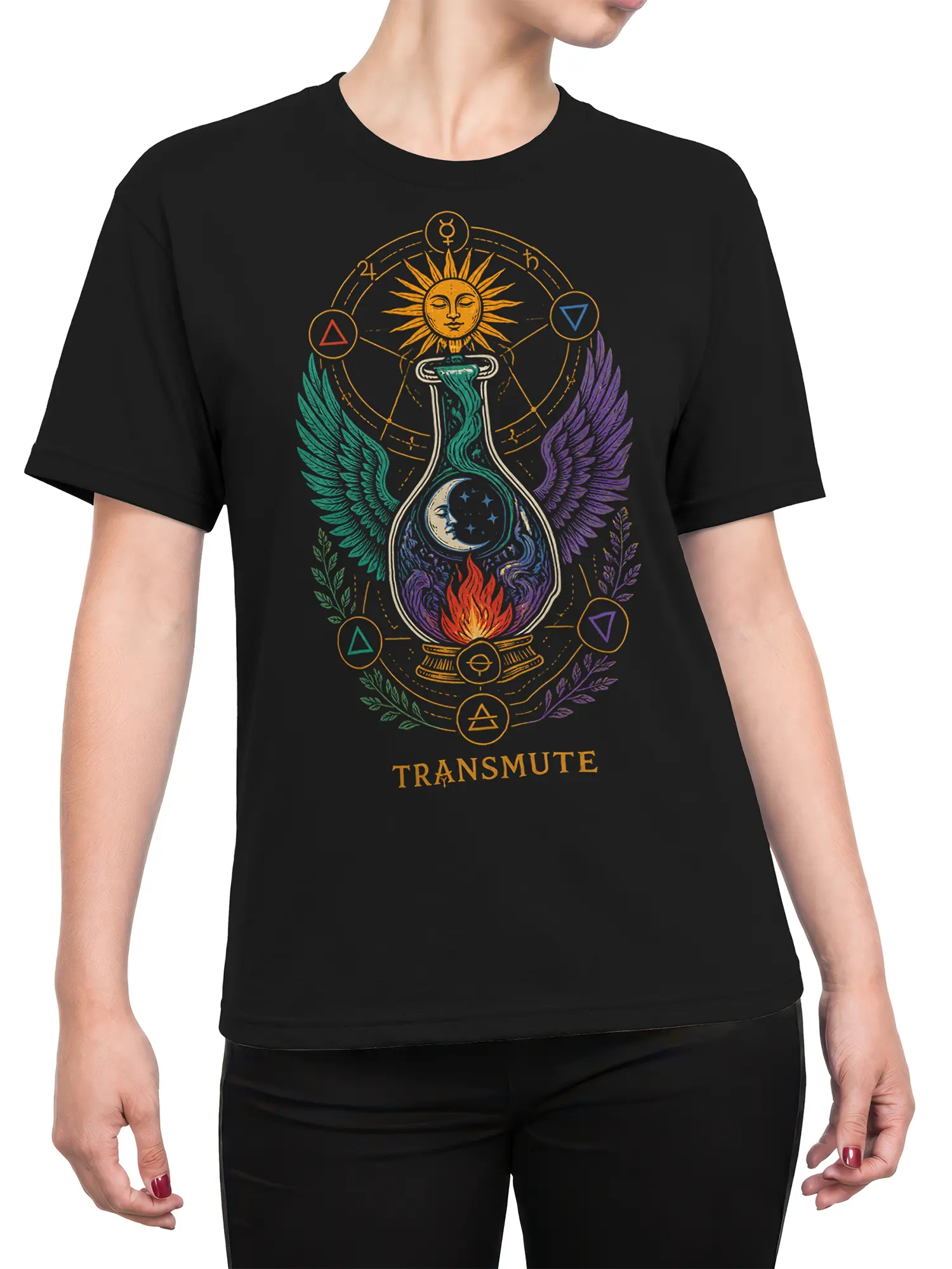 Female torso wearing a black T-shirt with a colorful celestial alchemy vessel and TRANSMUTE design