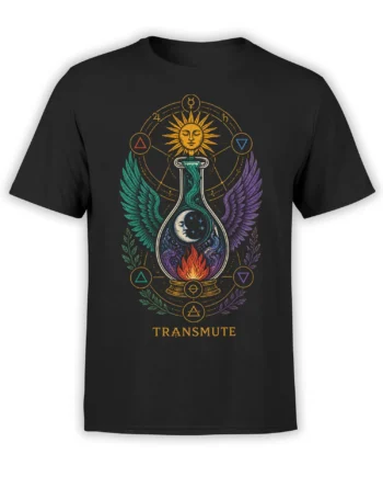 Black T-shirt with a celestial alchemy vessel, sun, moon, wings, flames, symbols, and TRANSMUTE