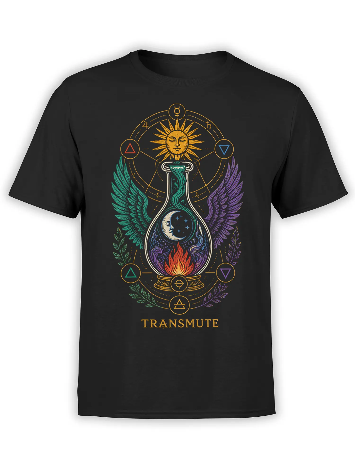 Black T-shirt with a celestial alchemy vessel, sun, moon, wings, flames, symbols, and TRANSMUTE