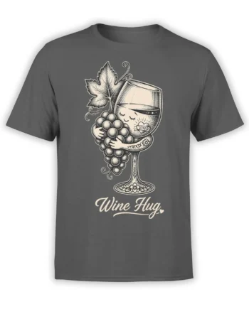 Gray wine T-shirt with a vintage-style hugging wine glass, grapes, leaf, and Wine Hug lettering