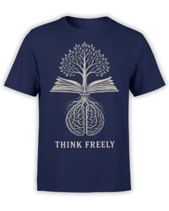 Free-thinking book tree graphic in cream on a navy T-shirt with THINK FREELY text