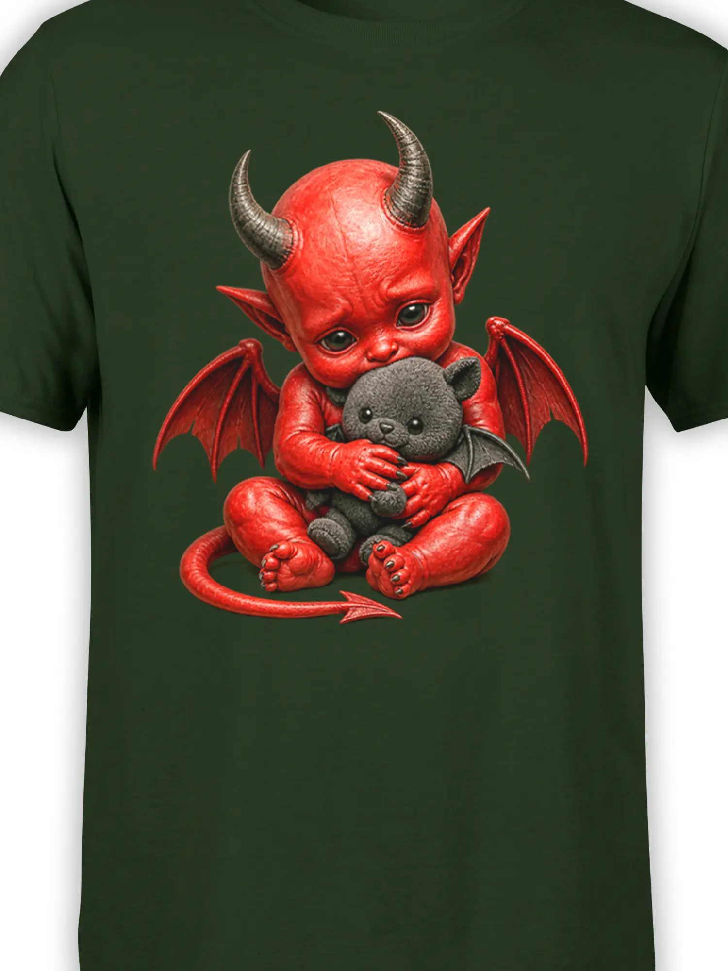 Close-up of red winged demon and gray teddy bear artwork on a dark green shirt