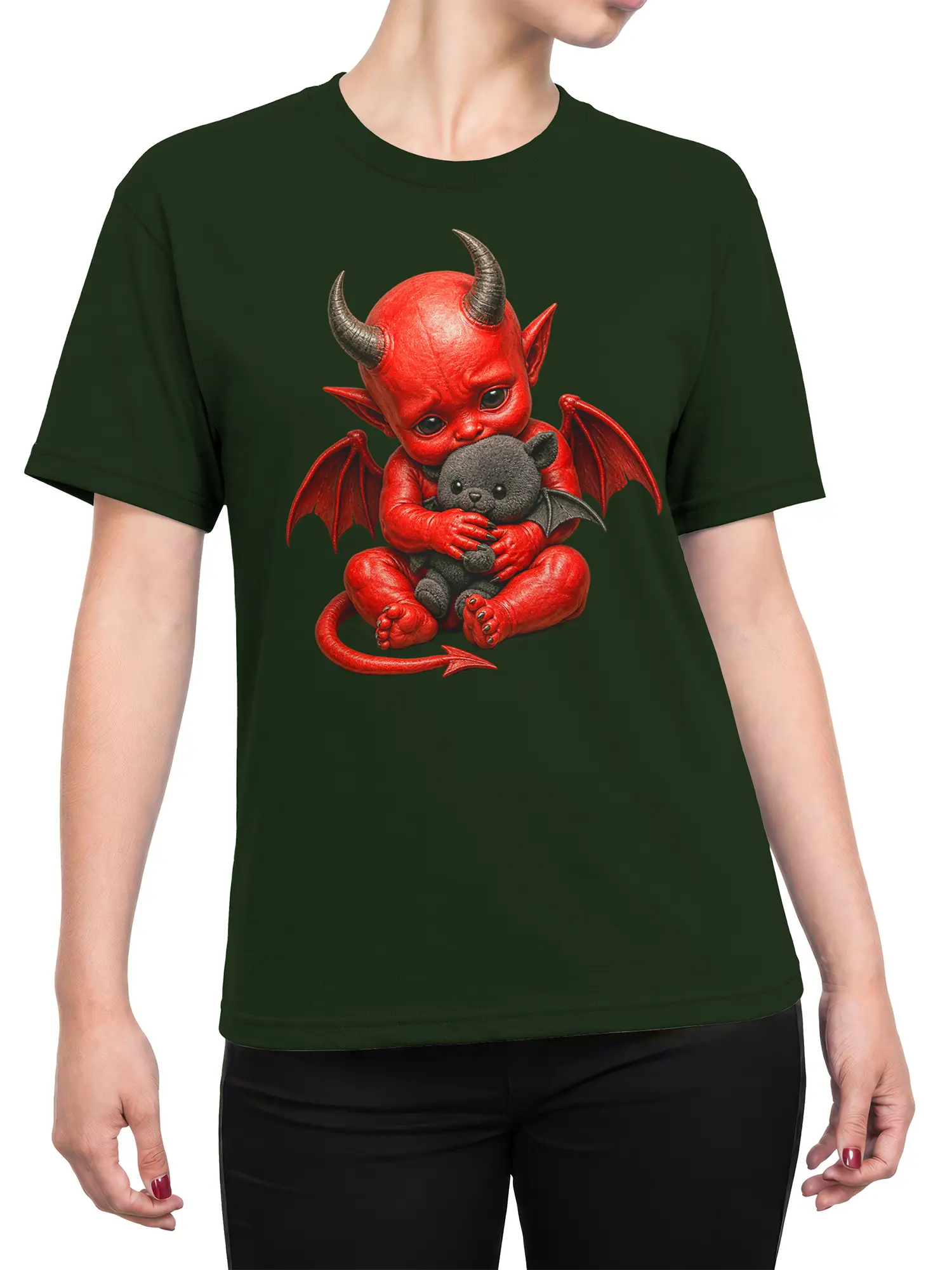 Female torso wearing a dark green T-shirt with a red demon cuddling a teddy bear