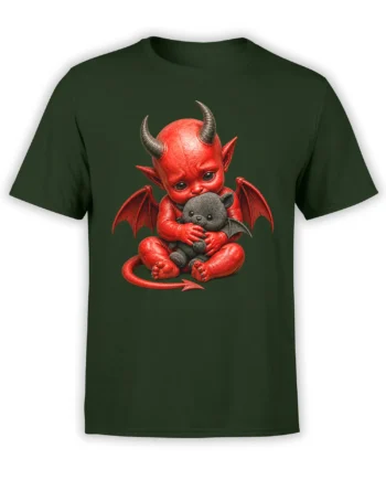 Red horned demon cuddling a gray teddy bear on a dark green fantasy T-shirt