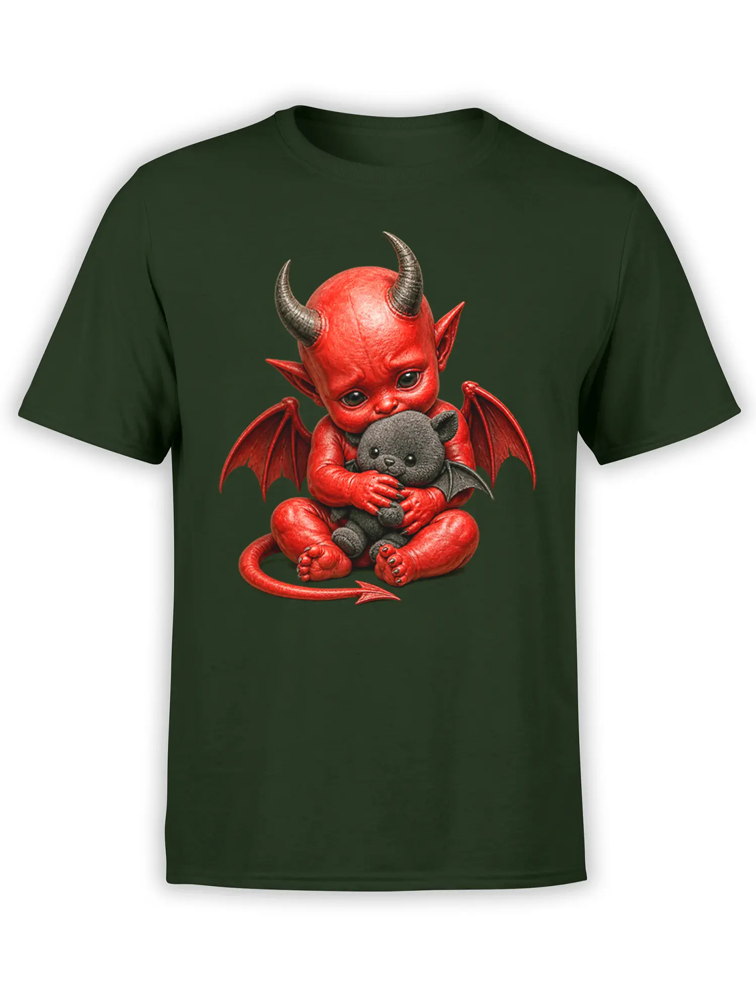 Red horned demon cuddling a gray teddy bear on a dark green fantasy T-shirt