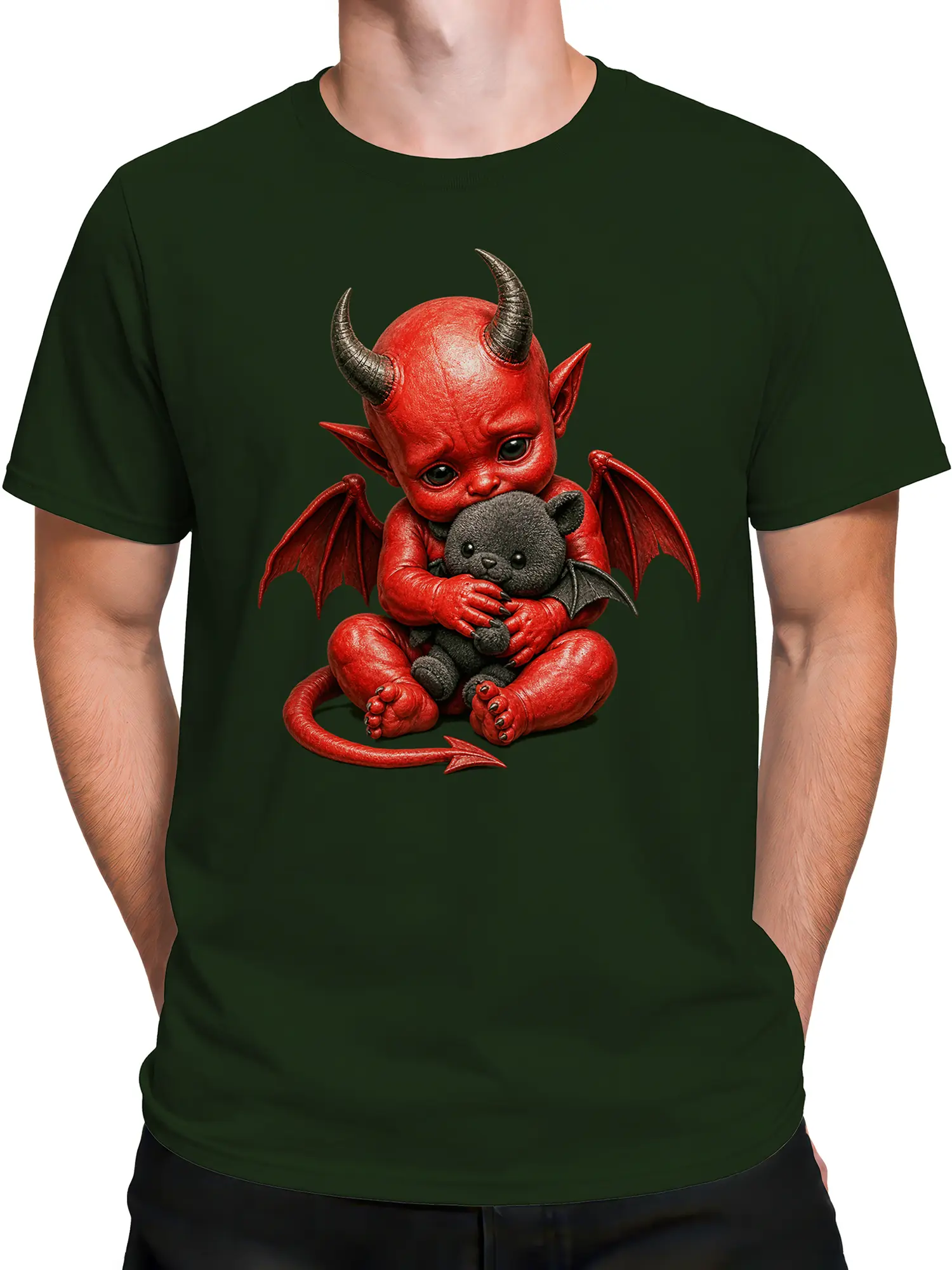 Male torso wearing a dark green fantasy T-shirt with a cuddly red demon design