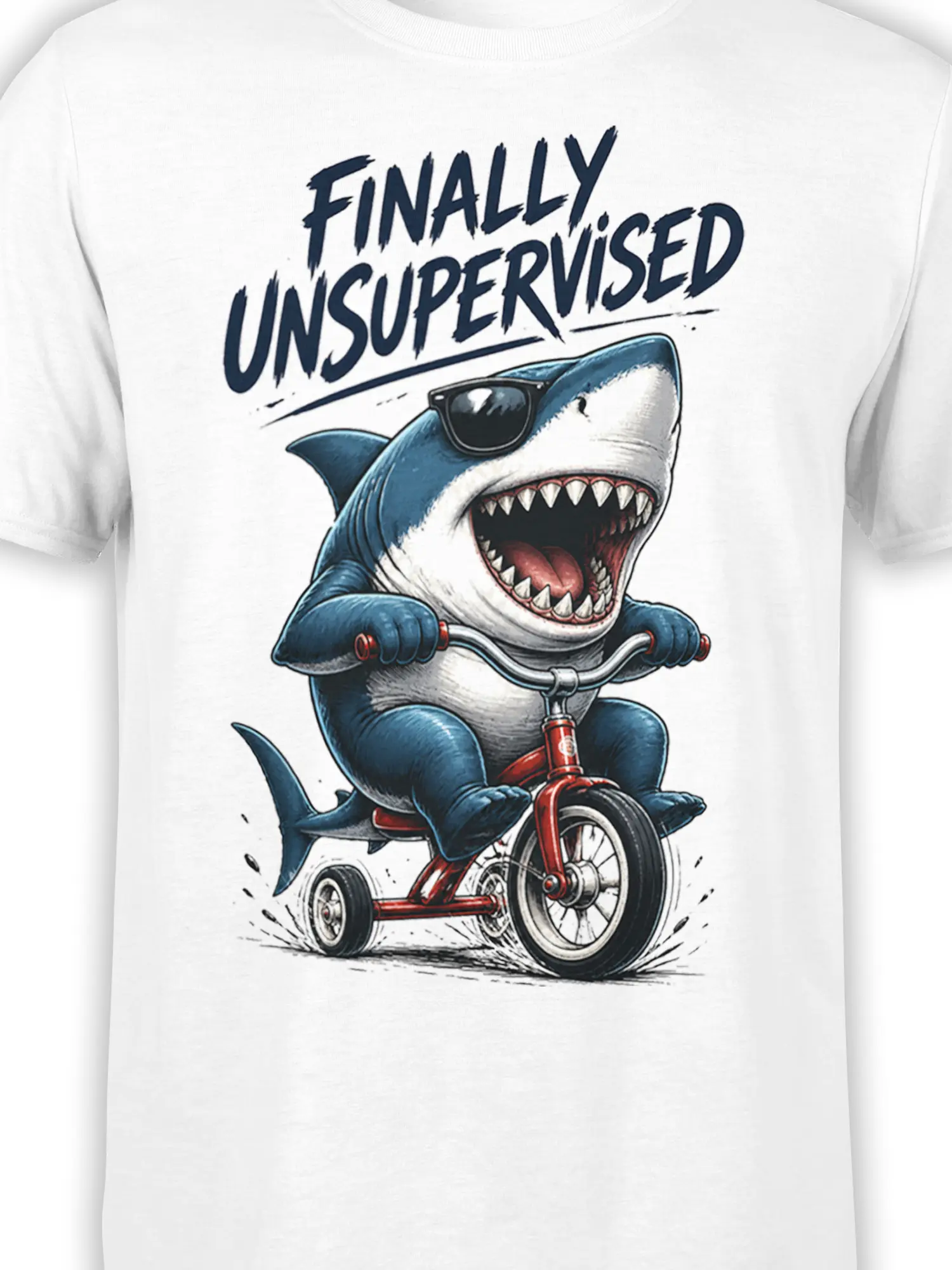 Close-up of the shark in sunglasses, sharp teeth, red tricycle, and “FINALLY UNSUPERVISED” print on a white shirt
