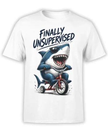 White T-shirt with a sunglasses-wearing shark riding a red tricycle and bold “FINALLY UNSUPERVISED” text