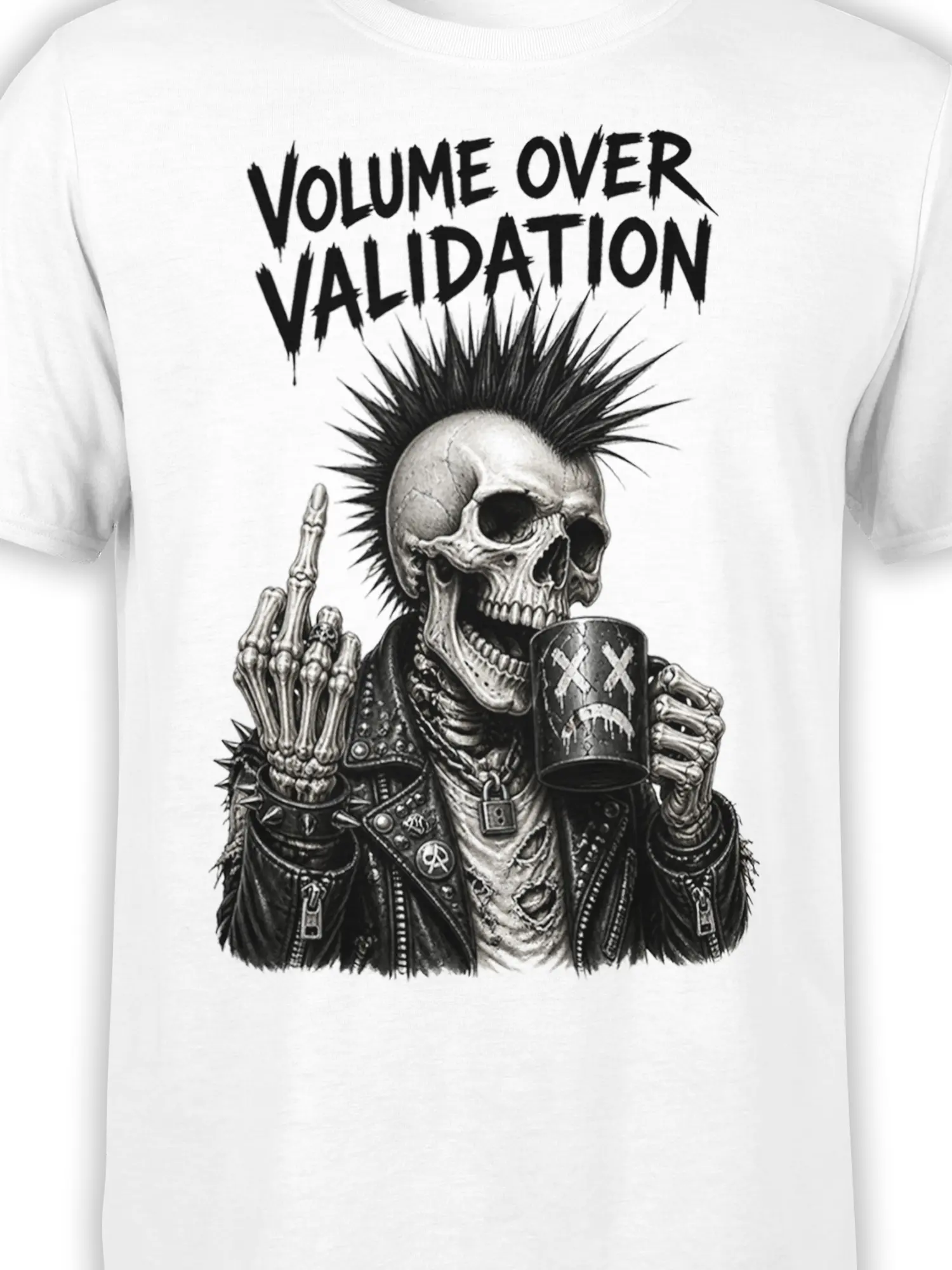 Close-up of punk skeleton graphic on white T-shirt with mohawk, leather jacket, mug, and bold text