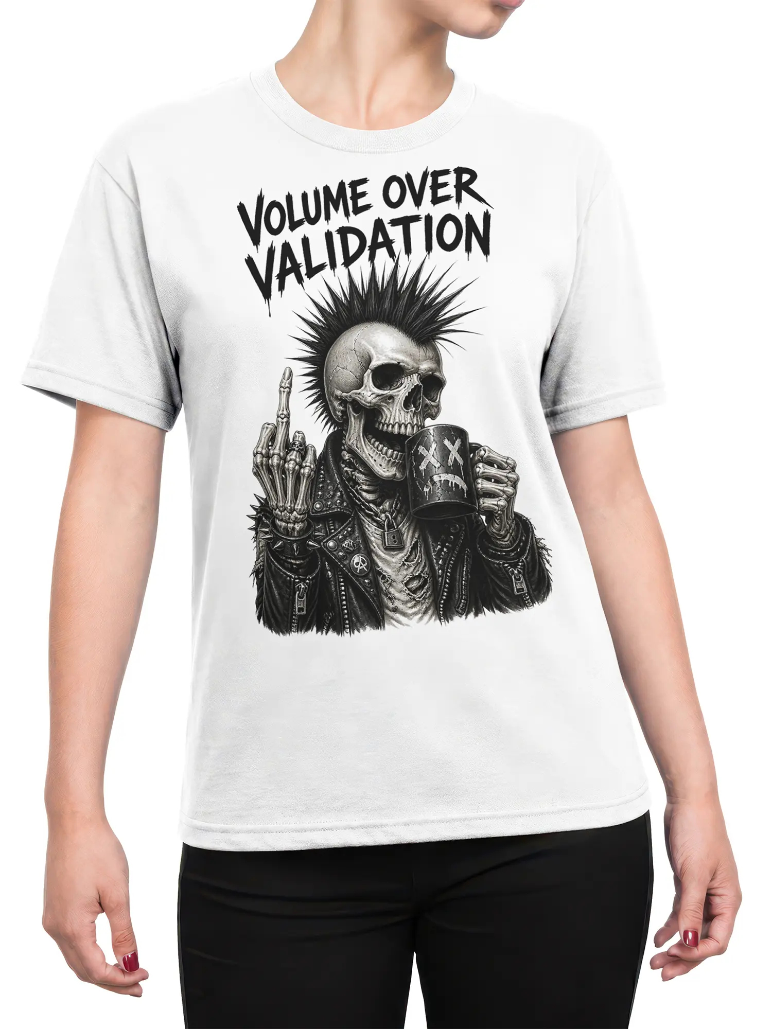 Female torso wearing a white punk skeleton T-shirt with Volume Over Validation artwork