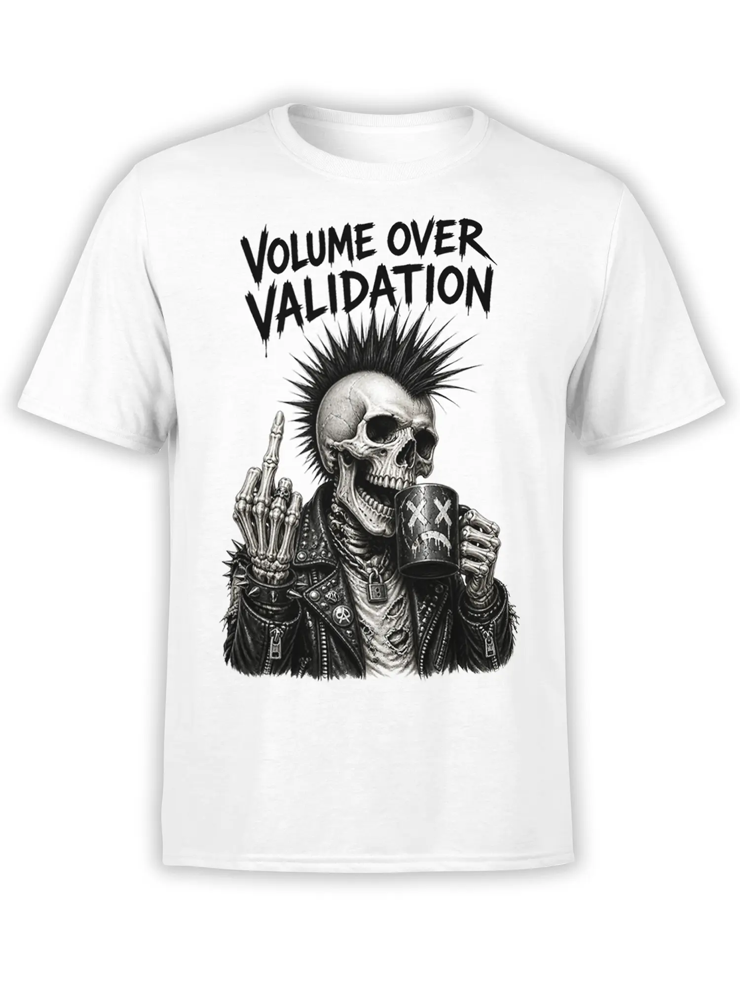 White punk skeleton T-shirt with spiked mohawk, coffee mug, and Volume Over Validation graphic