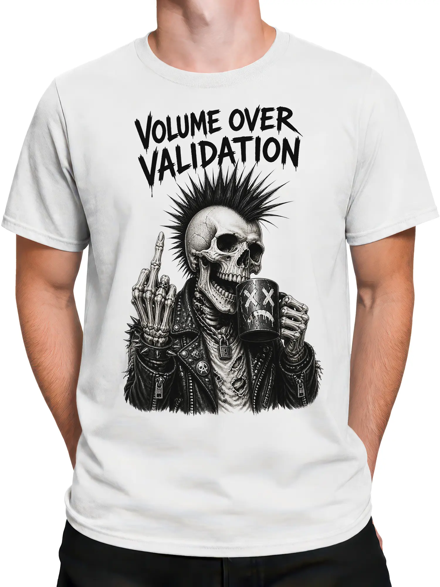 Male torso wearing a white punk skeleton T-shirt with bold black graphic