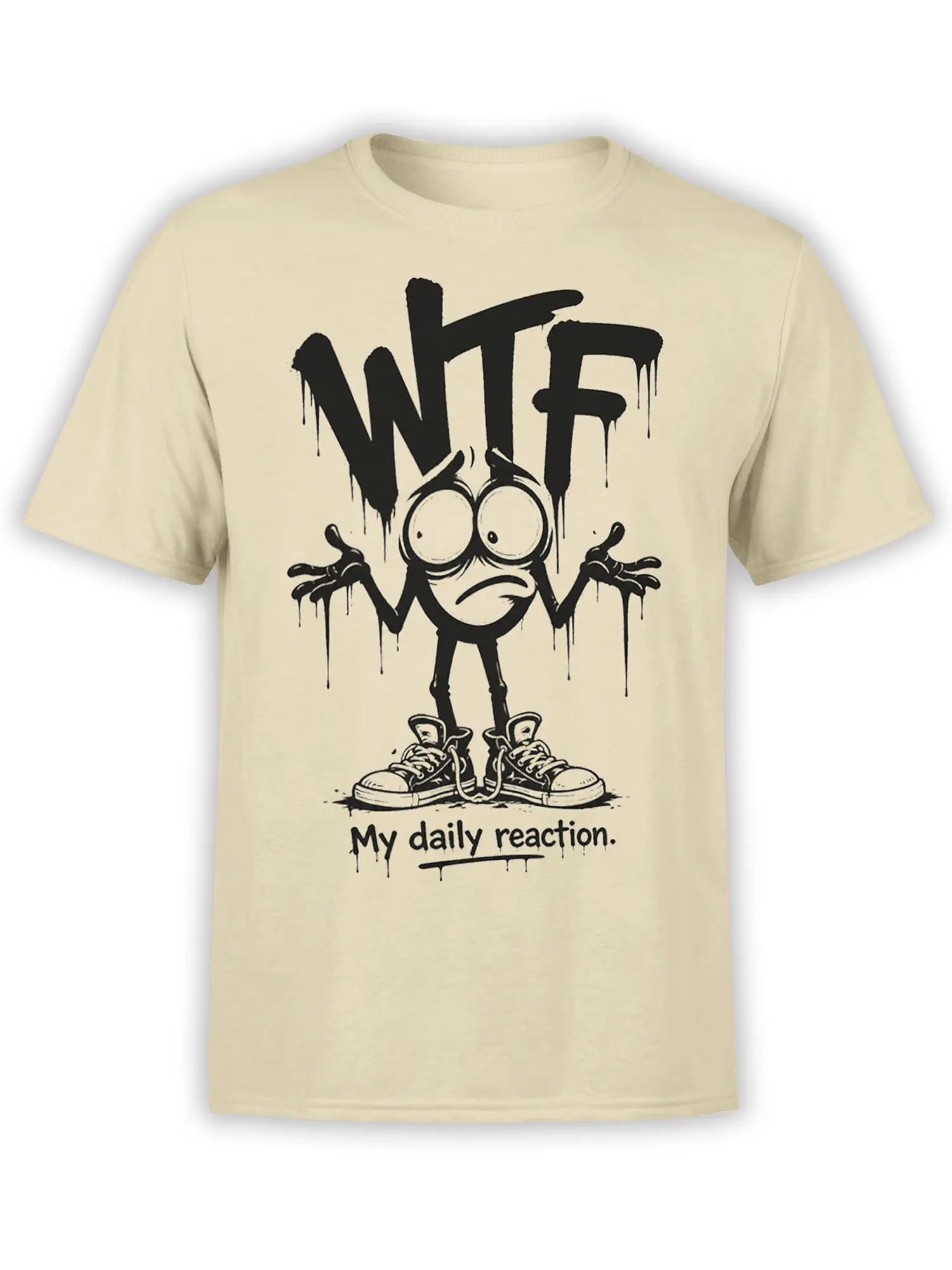 Beige T-shirt with distressed cartoon character, dripping WTF lettering, and My daily reaction text
