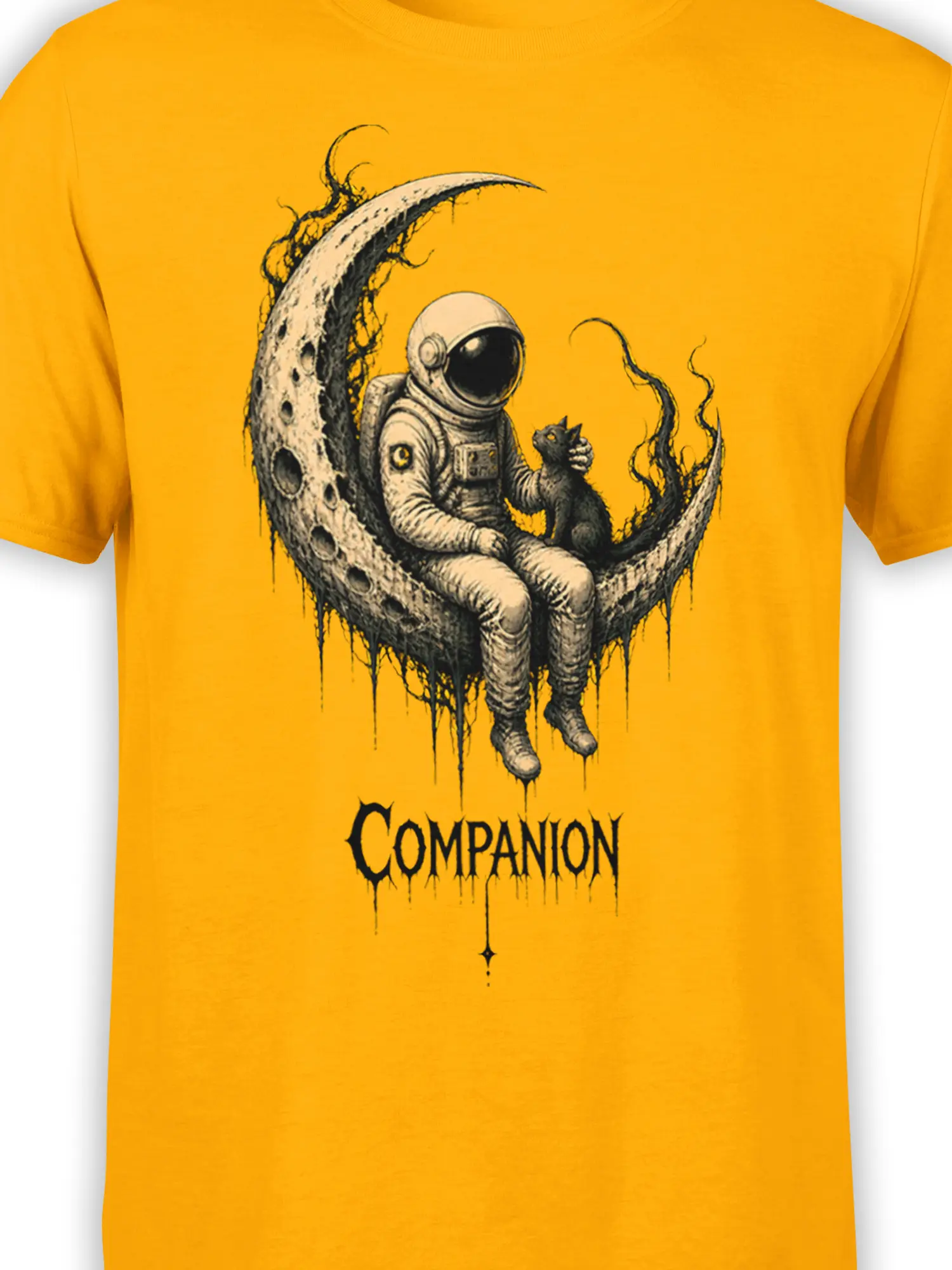 Close-up of astronaut and black cat moon artwork on a yellow graphic T-shirt