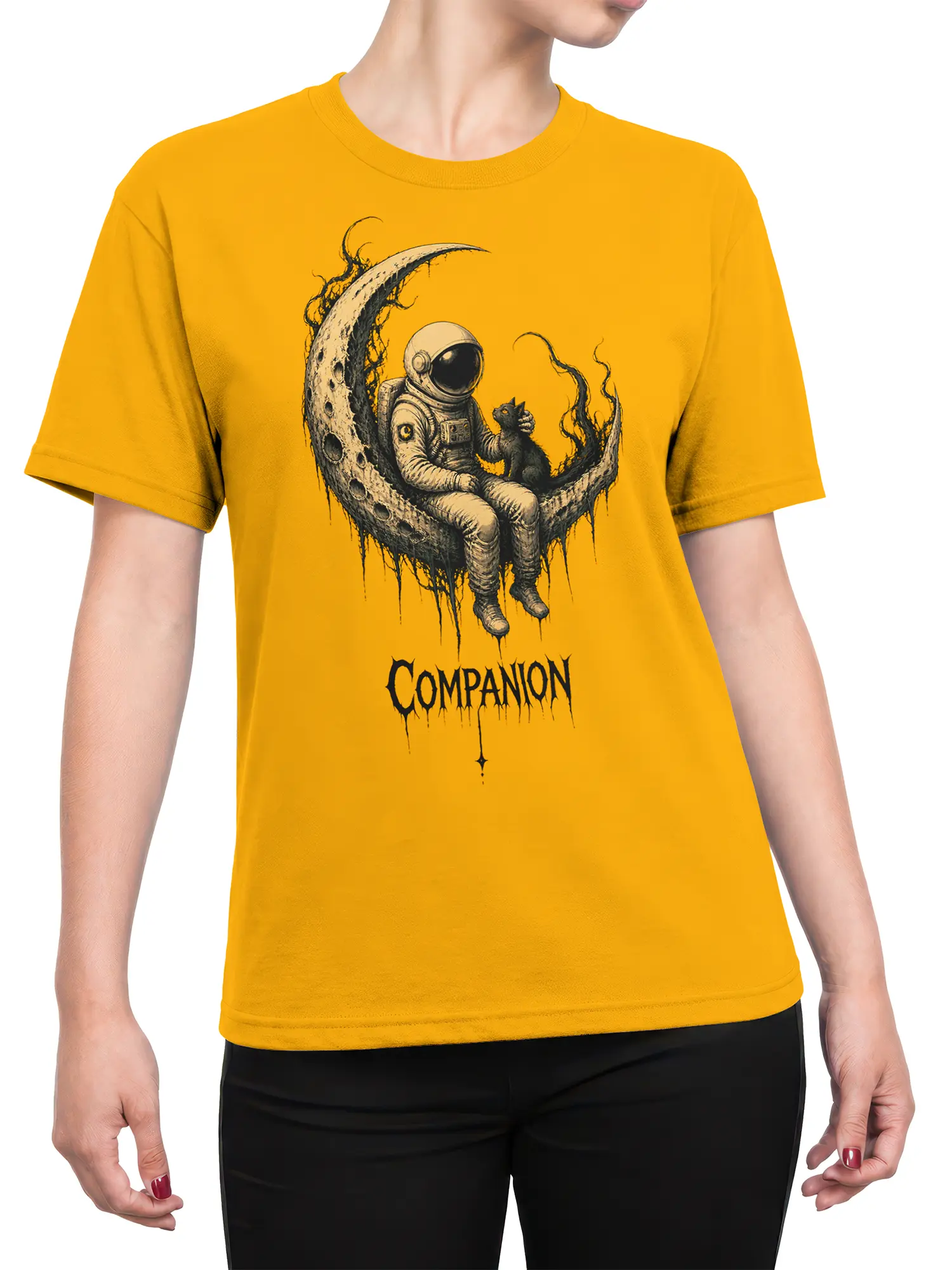 Female torso wearing a yellow astronaut and cat companion graphic T-shirt