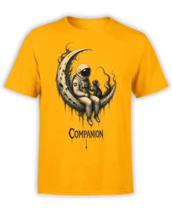 Yellow T-shirt with an astronaut and black cat sitting together on a crescent moon