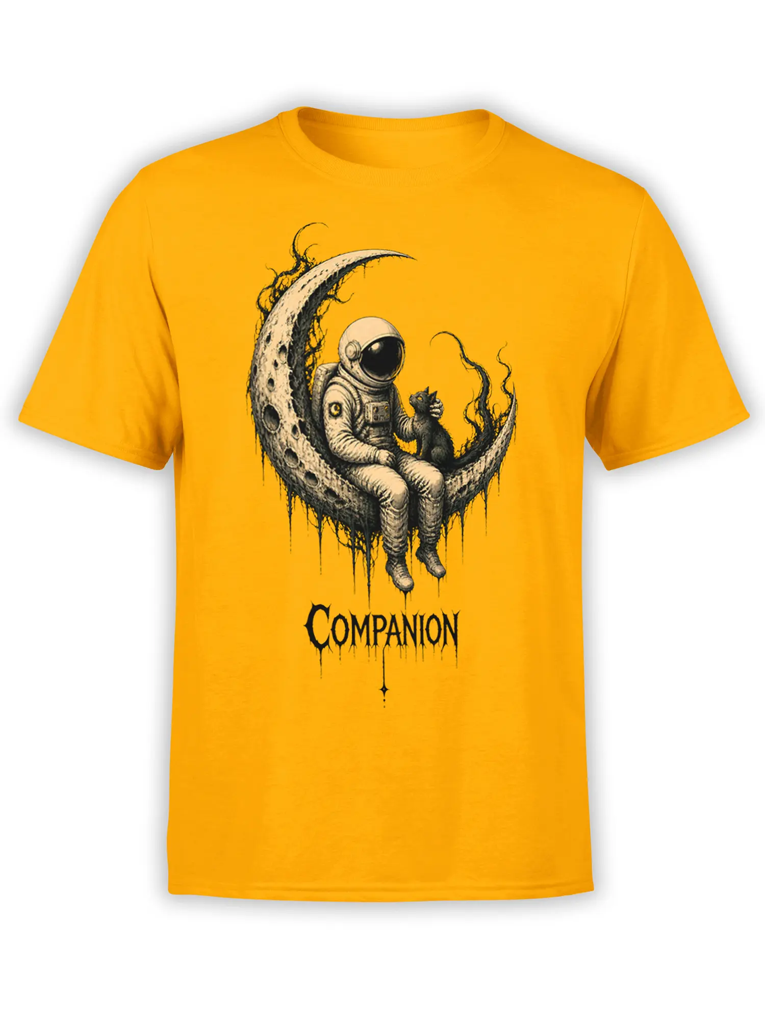 Yellow T-shirt with an astronaut and black cat sitting together on a crescent moon