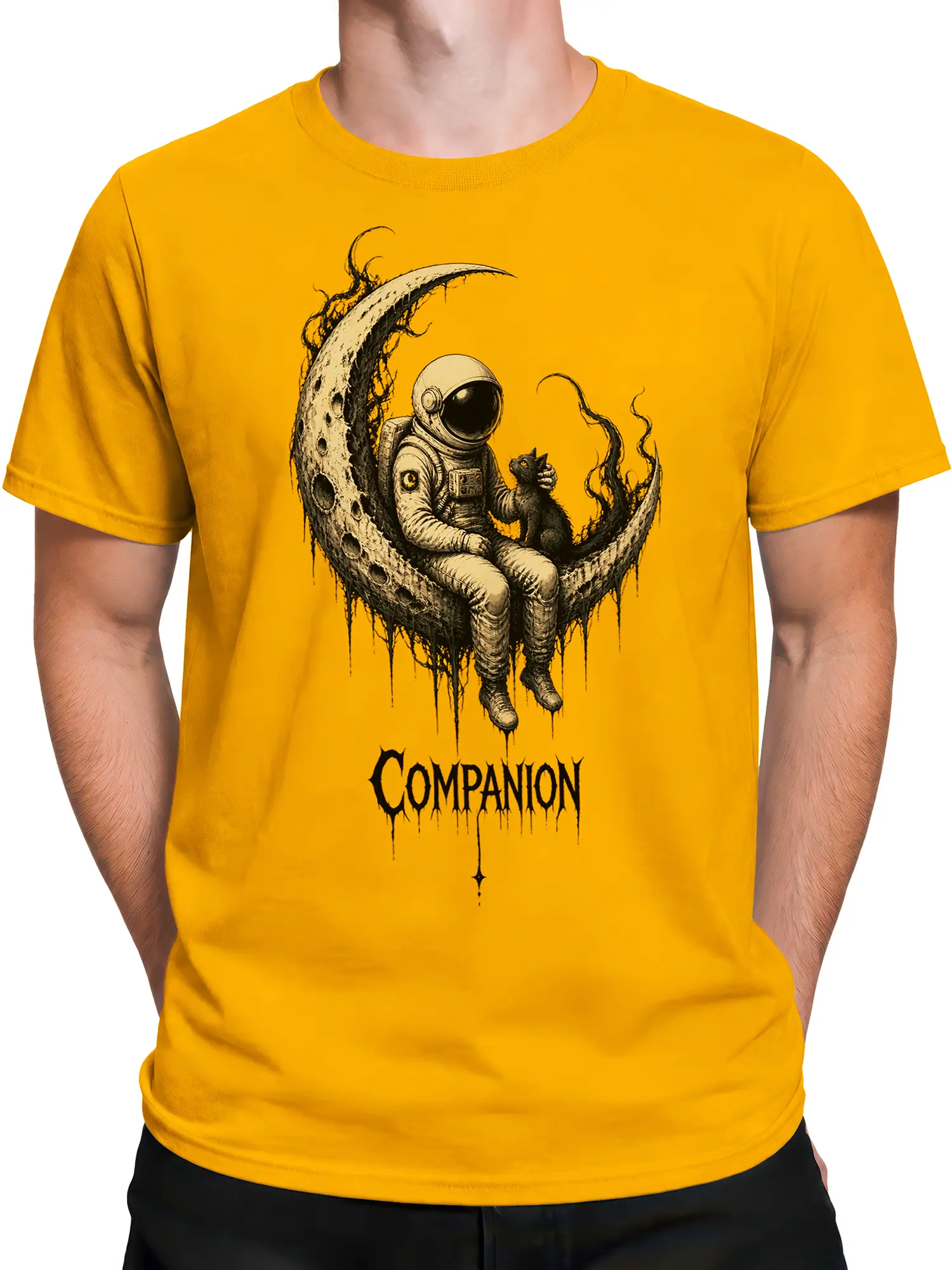 Male torso wearing a yellow astronaut and black cat moon graphic T-shirt