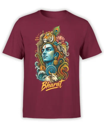 Maroon Bharat T-shirt with colorful cultural artwork featuring a blue figure, tiger, elephant, cow, lotus, and peacock feather