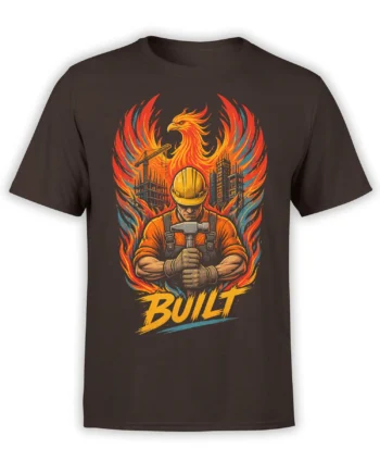 Brown T-shirt with a construction worker, fiery phoenix, city buildings, crane, and bold BUILT lettering