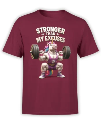 Muscular unicorn lifting a loaded barbell on a burgundy T-shirt with “Stronger Than My Excuses” text