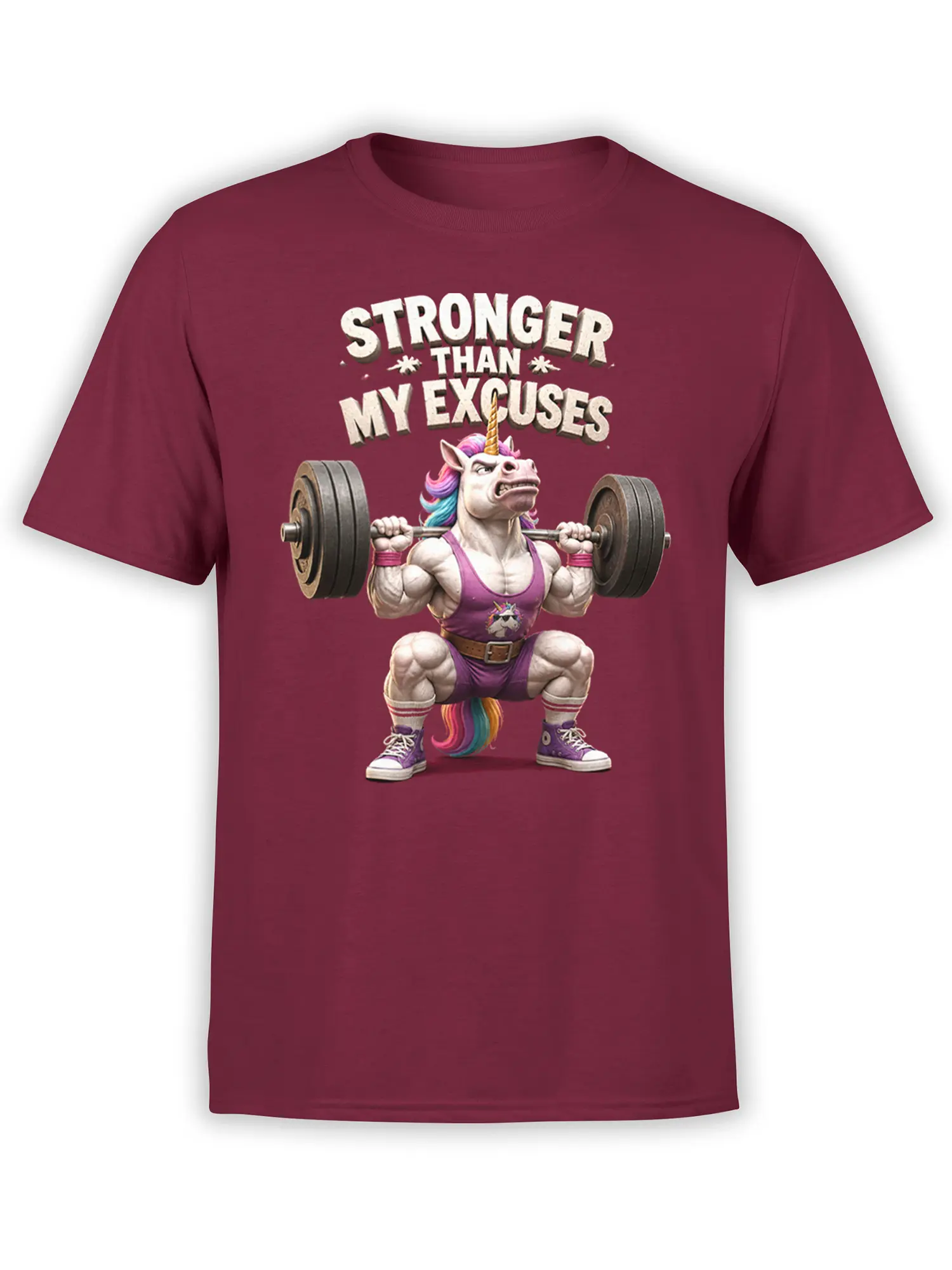 Muscular unicorn lifting a loaded barbell on a burgundy T-shirt with “Stronger Than My Excuses” text