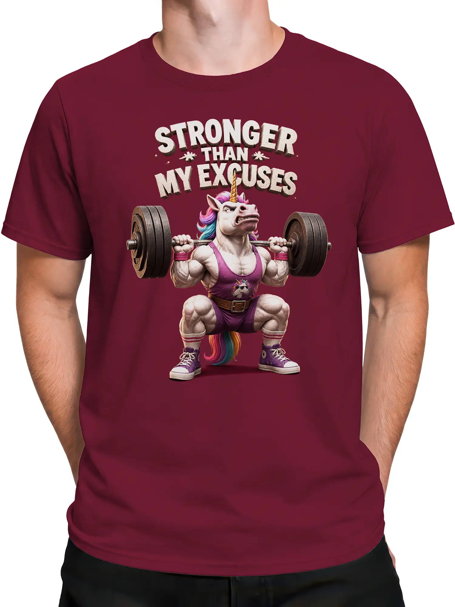 Male torso wearing a burgundy T-shirt with a muscular unicorn barbell graphic