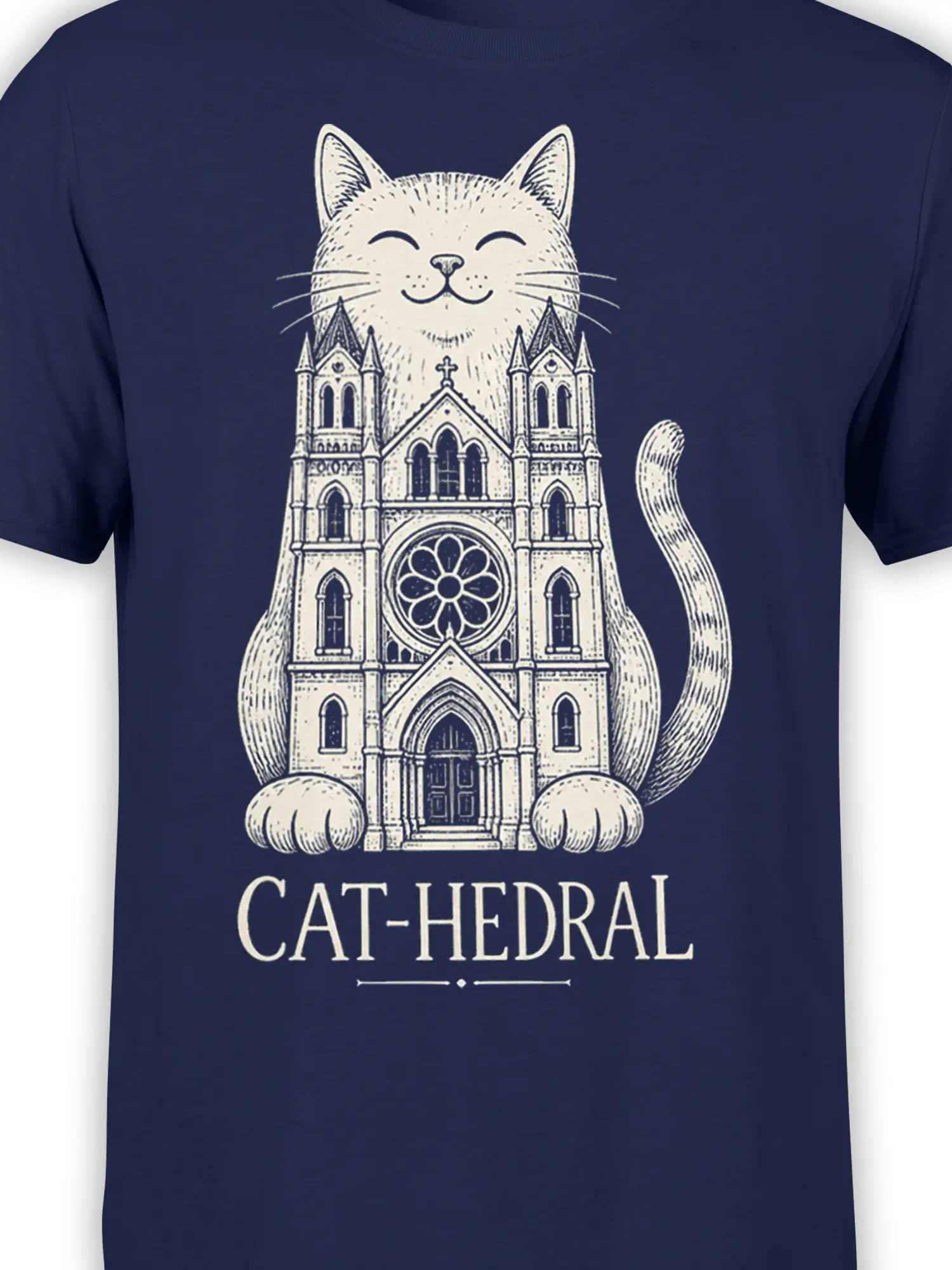 Close-up of calm cat and detailed cathedral artwork on a navy blue Cat-hedral T-shirt