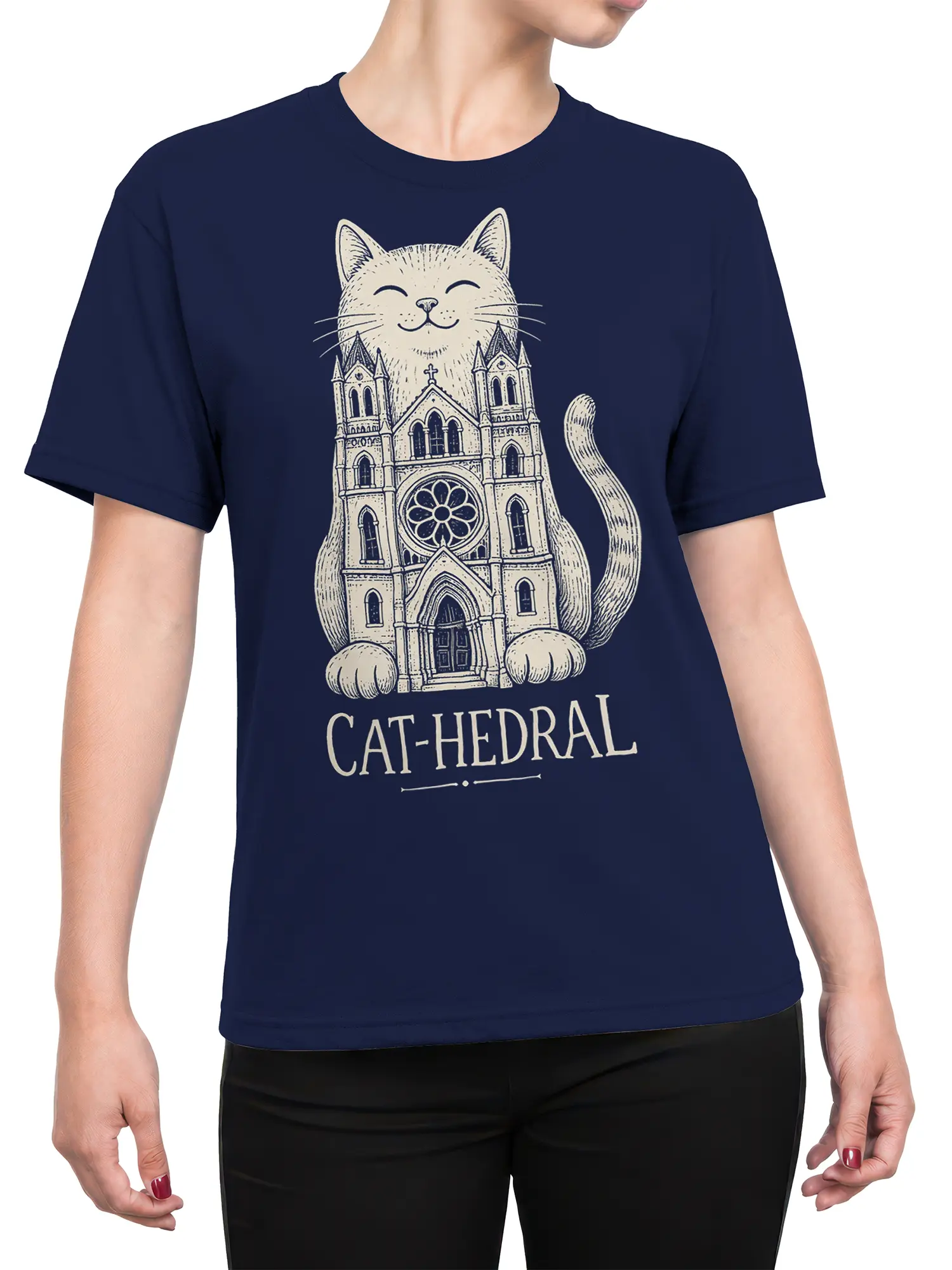 Female torso wearing a navy blue Cat-hedral T-shirt with a cathedral cat graphic