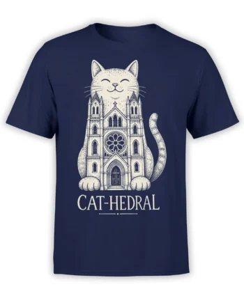 Cat wrapped around an ornate cathedral with Cat-hedral lettering on a navy blue graphic T-shirt