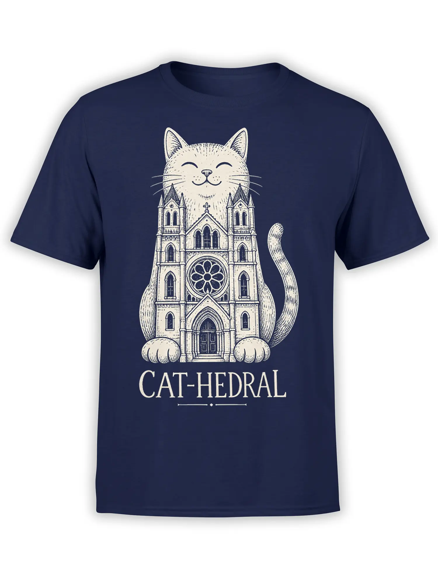 Cat wrapped around an ornate cathedral with Cat-hedral lettering on a navy blue graphic T-shirt