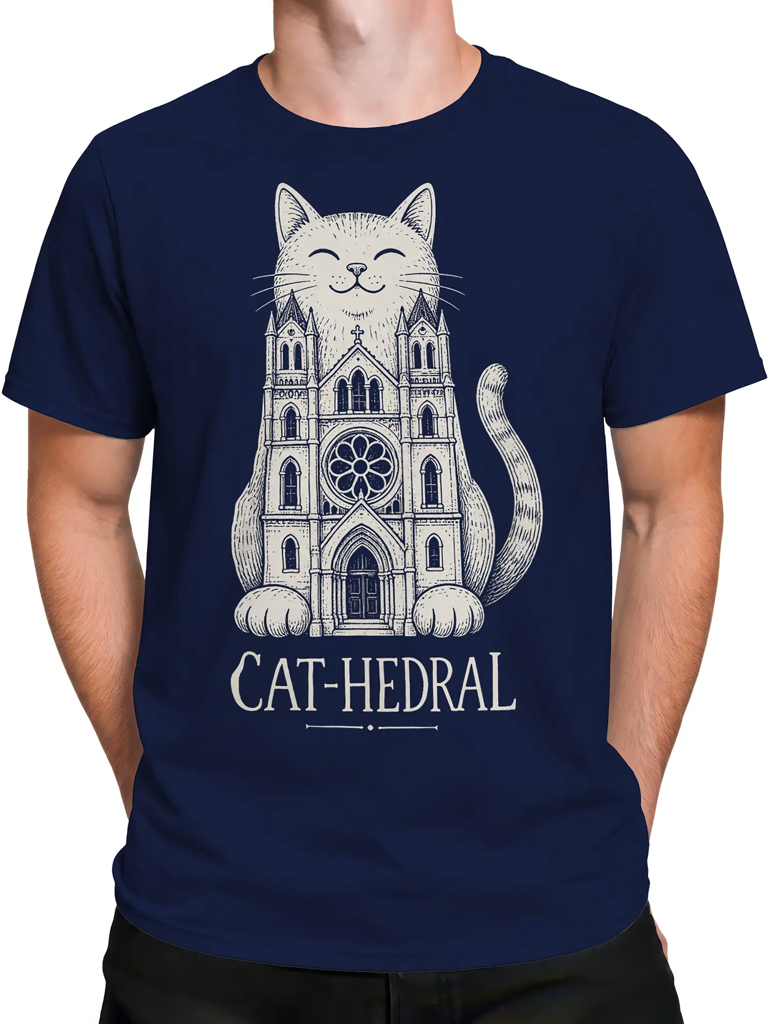 Male torso wearing a navy blue Cat-hedral T-shirt with an ornate cat cathedral design