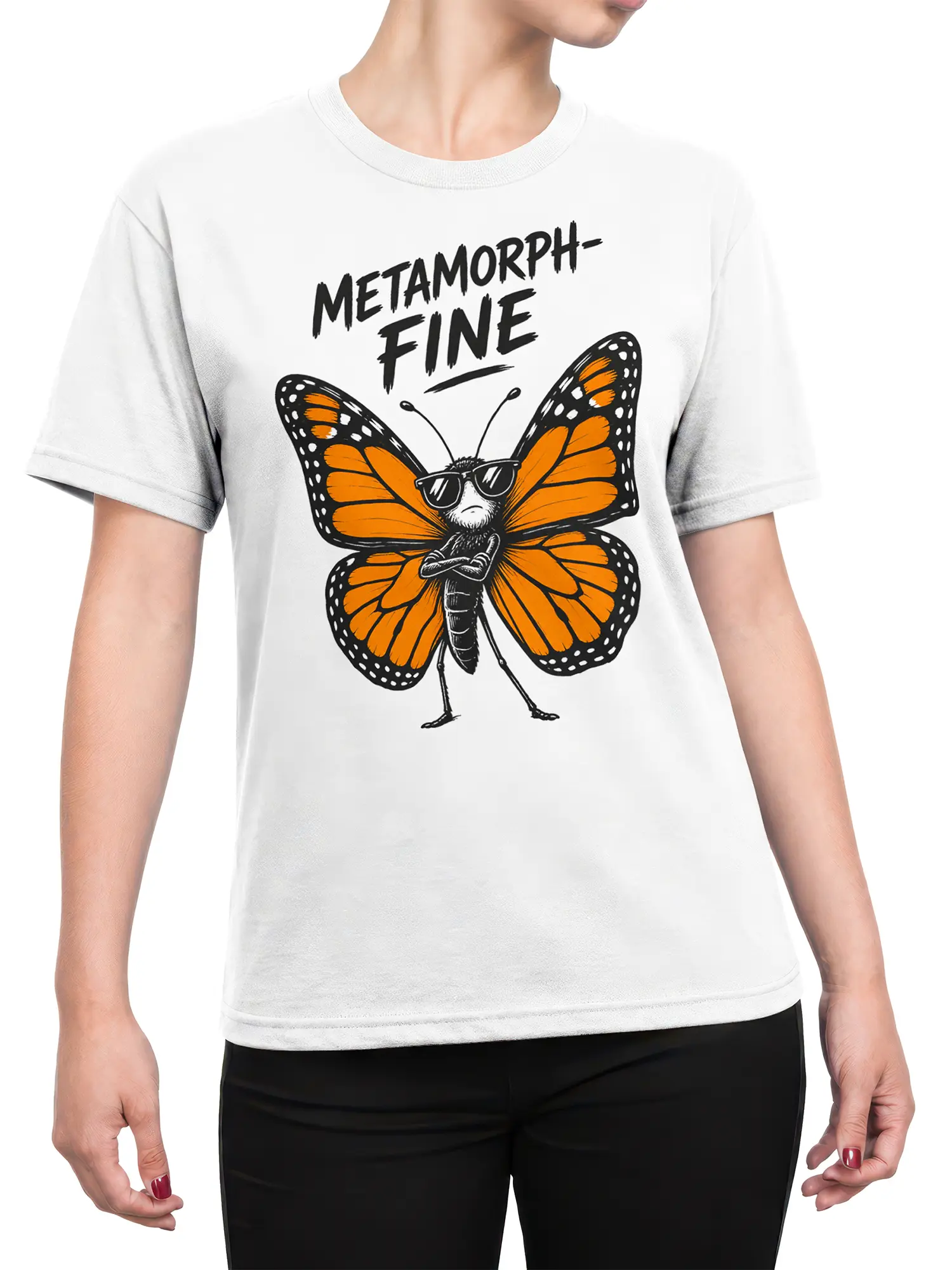 Female torso wearing a white butterfly T-shirt with orange wings and metamorphosis artwork