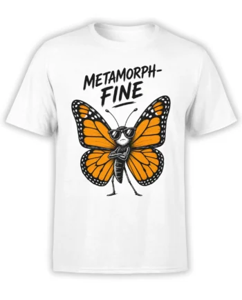 White butterfly T-shirt with orange wings, sunglasses, crossed arms, and “METAMORPH- FINE” lettering
